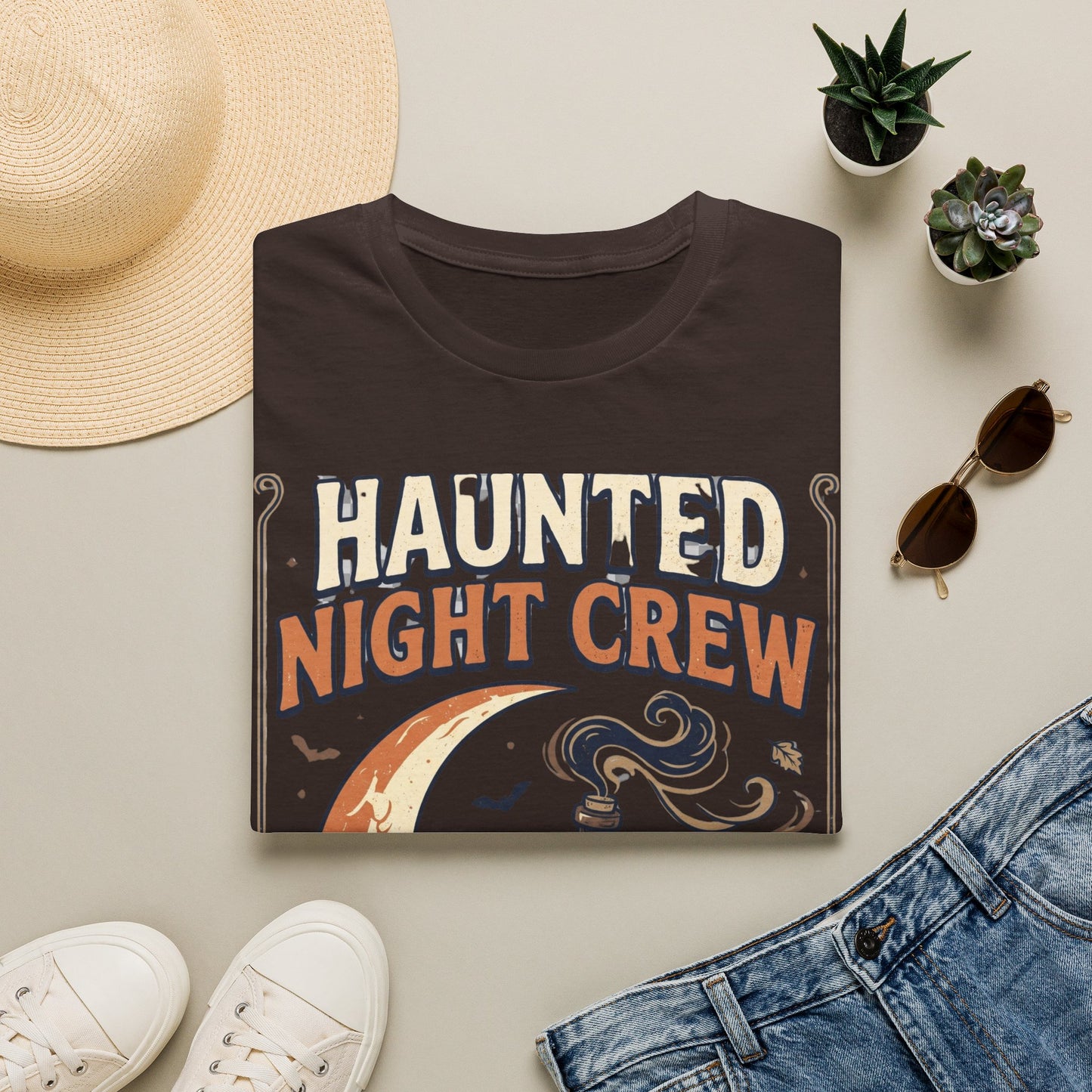 Haunted Night Crew T-Shirt — Retro Halloween Skeleton & Pumpkin Tee