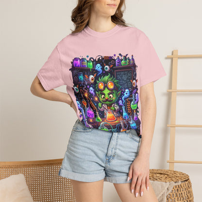 Mad Scientist Cat Lab T-Shirt — Neon Potion Halloween Tee