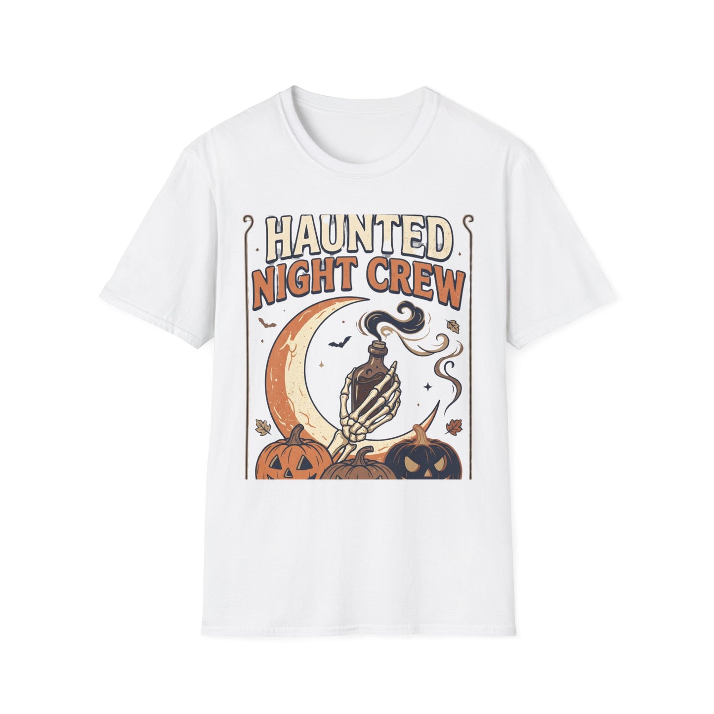 Haunted Night Crew T-Shirt — Retro Halloween Skeleton & Pumpkin Tee