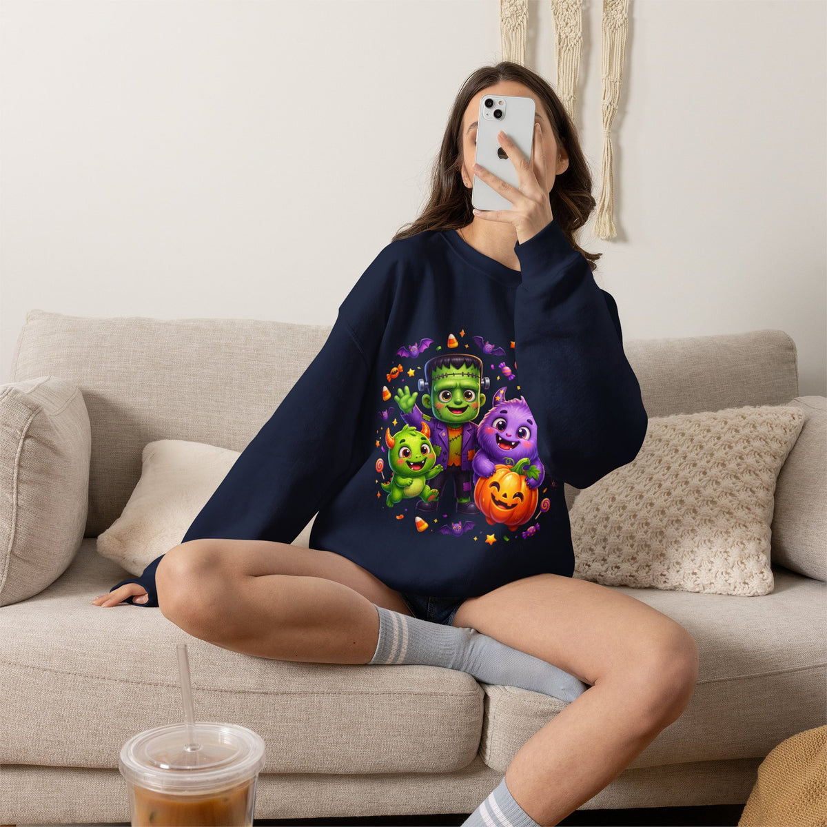 Halloween Monster Crewneck Sweatshirt — Cute Frankenstein, Vampire & Pumpkin Design