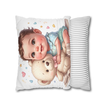 Baby & Teddy Square Pillowcase - Cute Infant Nursery Decorative Throw Pillow