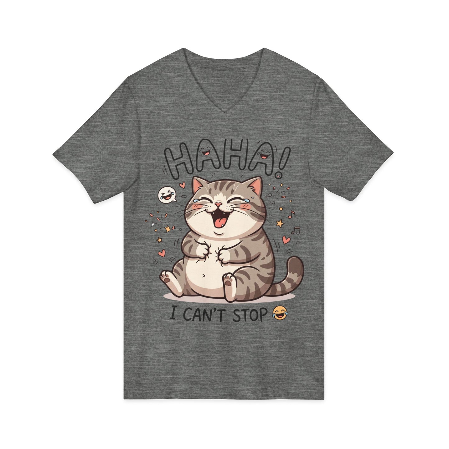 Funny Laughing Cat V-Neck Tee — "HAHA! I Can't Stop" Cute Graphic Shirt