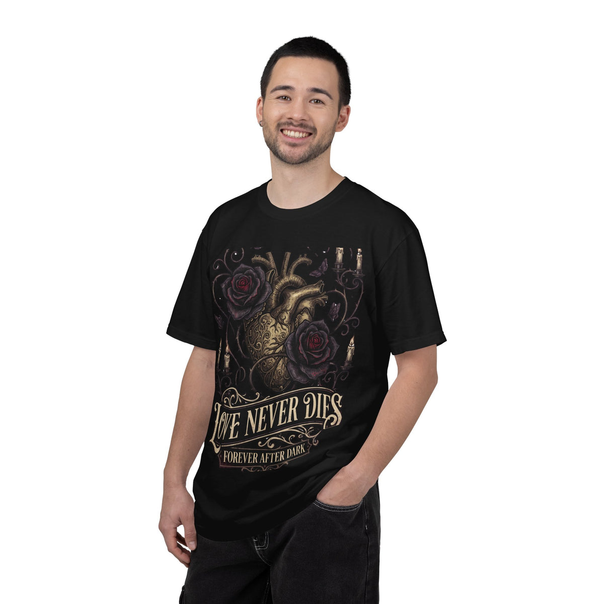 Love Never Dies Heart T-Shirt — Gothic Rose "Forever After Dark" Tee