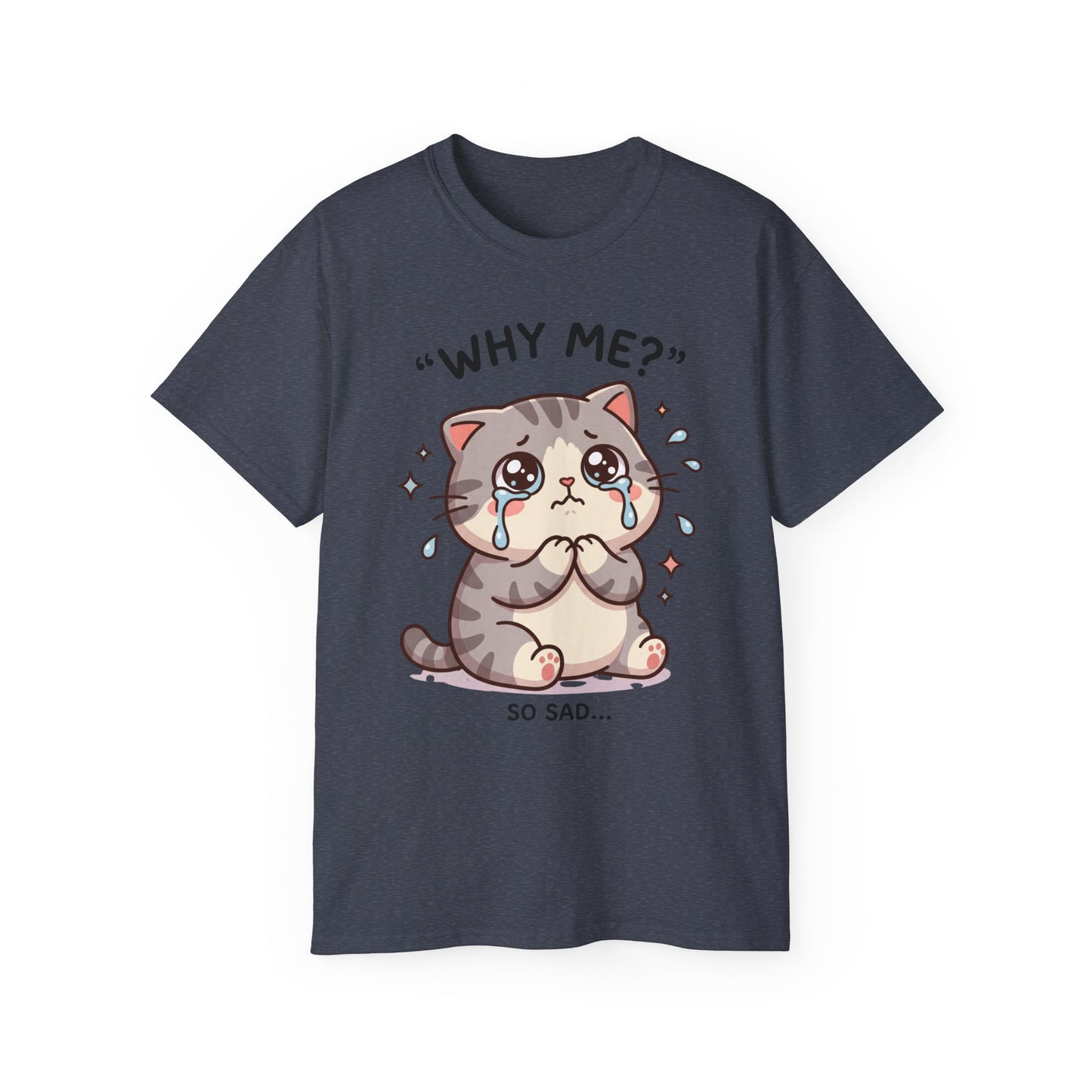 Sad Kawaii Cat Tee - "Why Me?" Cute Crying Kitten Graphic Shirt