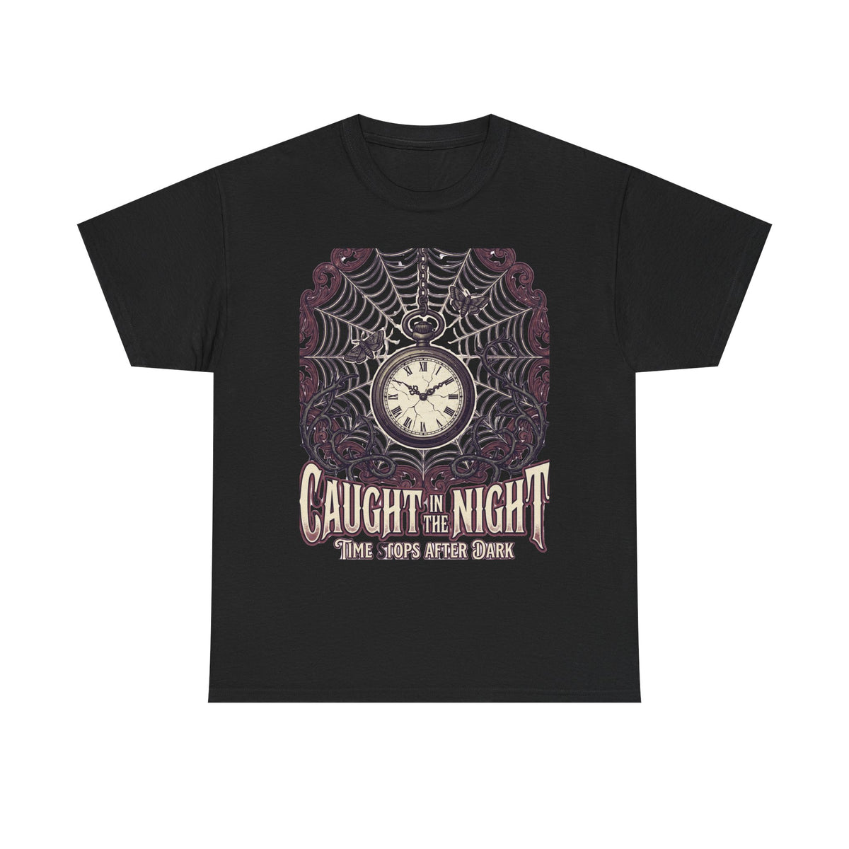 Caught in the Night Pocket Watch Tee — Gothic Spiderweb Vintage Clock T‑Shirt