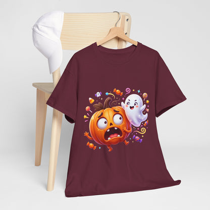 Cute Halloween Pumpkin & Ghost Tee — Scared Pumpkin Candy Graphic T-Shirt