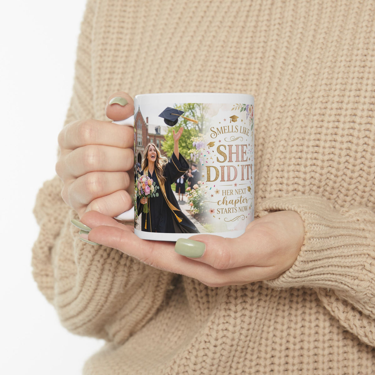 Graduation Mug - "She Did It!" Floral Celebration Ceramic Coffee Cup (11oz & 15oz)