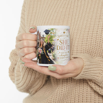 Graduation Mug - "She Did It!" Floral Celebration Ceramic Coffee Cup (11oz & 15oz)
