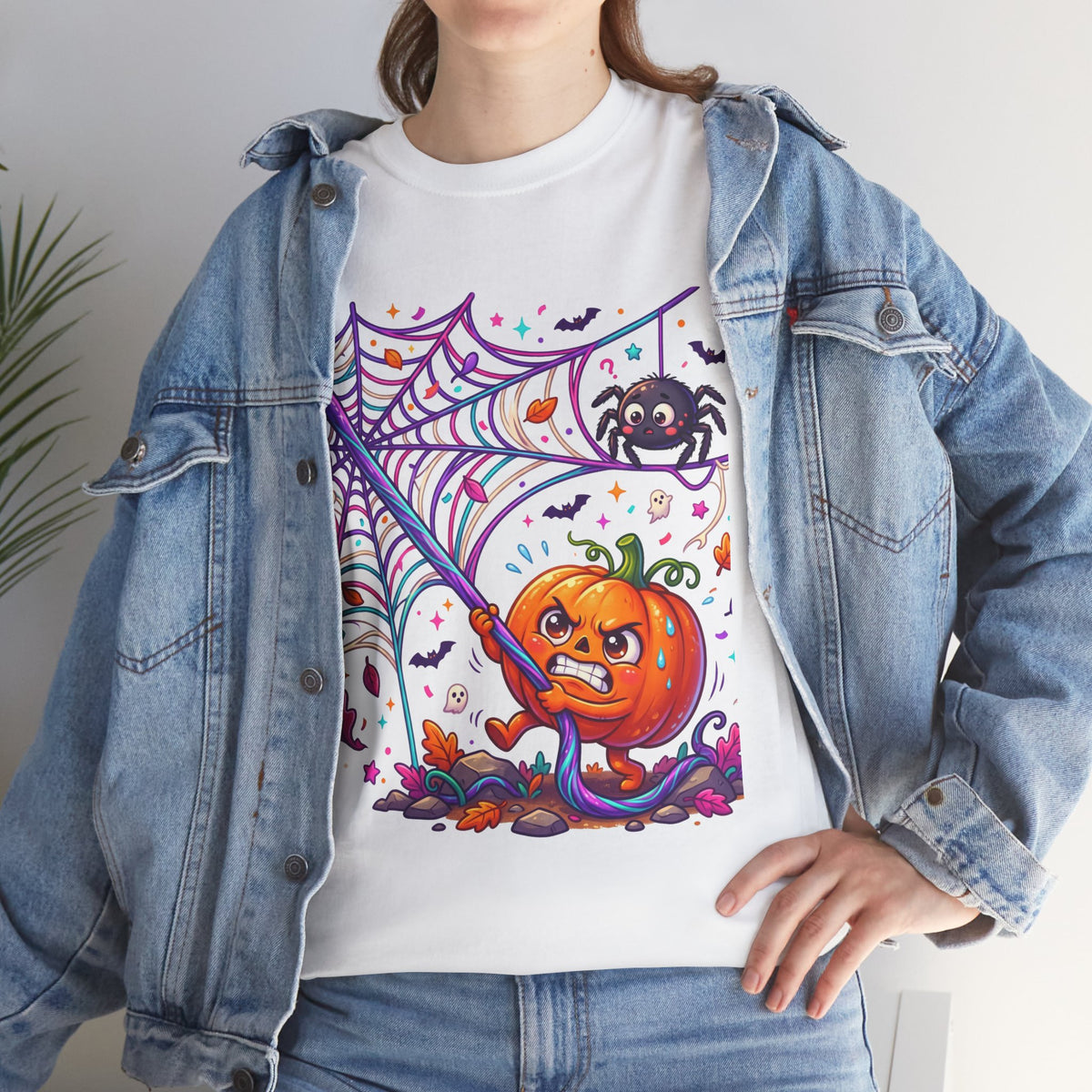 Pumpkin Spider Web Halloween T‑Shirt — Cute Spooky Pumpkin Cartoon Tee