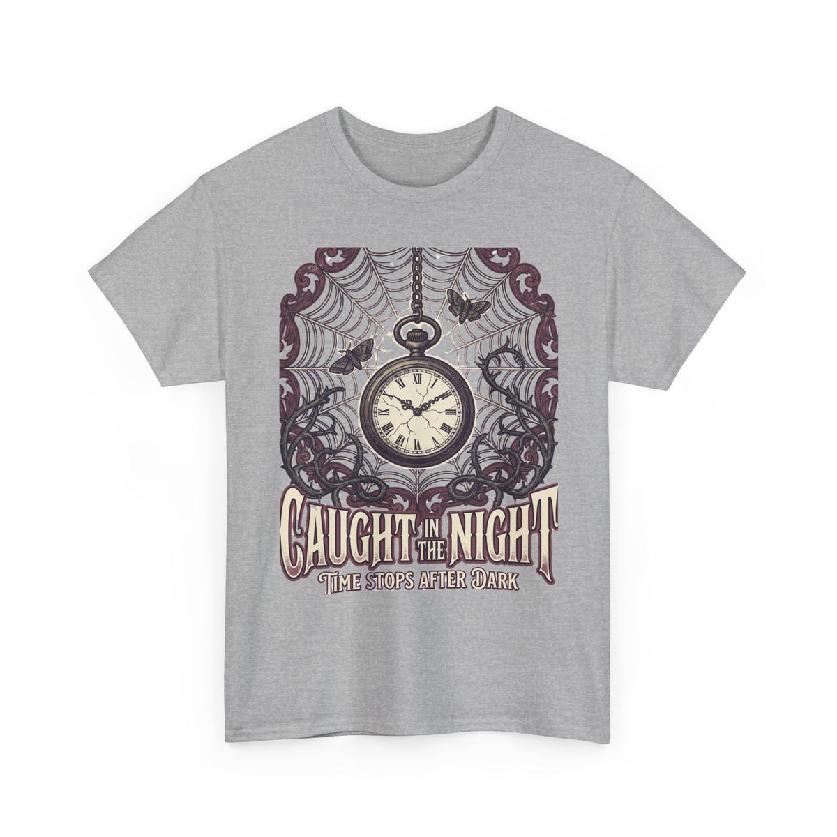 Caught in the Night Pocket Watch Tee — Gothic Spiderweb Vintage Clock T‑Shirt