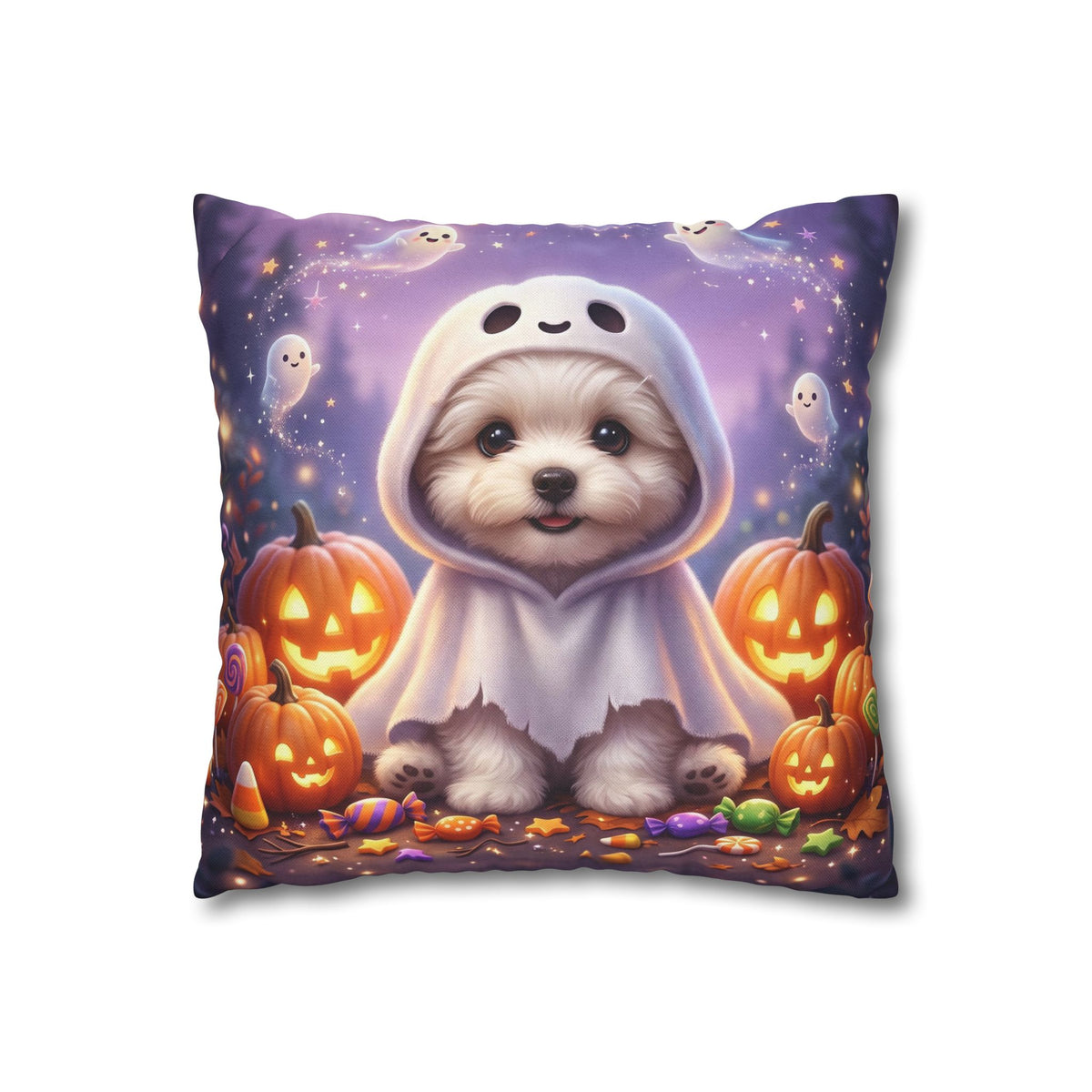 Halloween Puppy Pillowcase — Cute Ghost Dog with Jack-O'-Lanterns