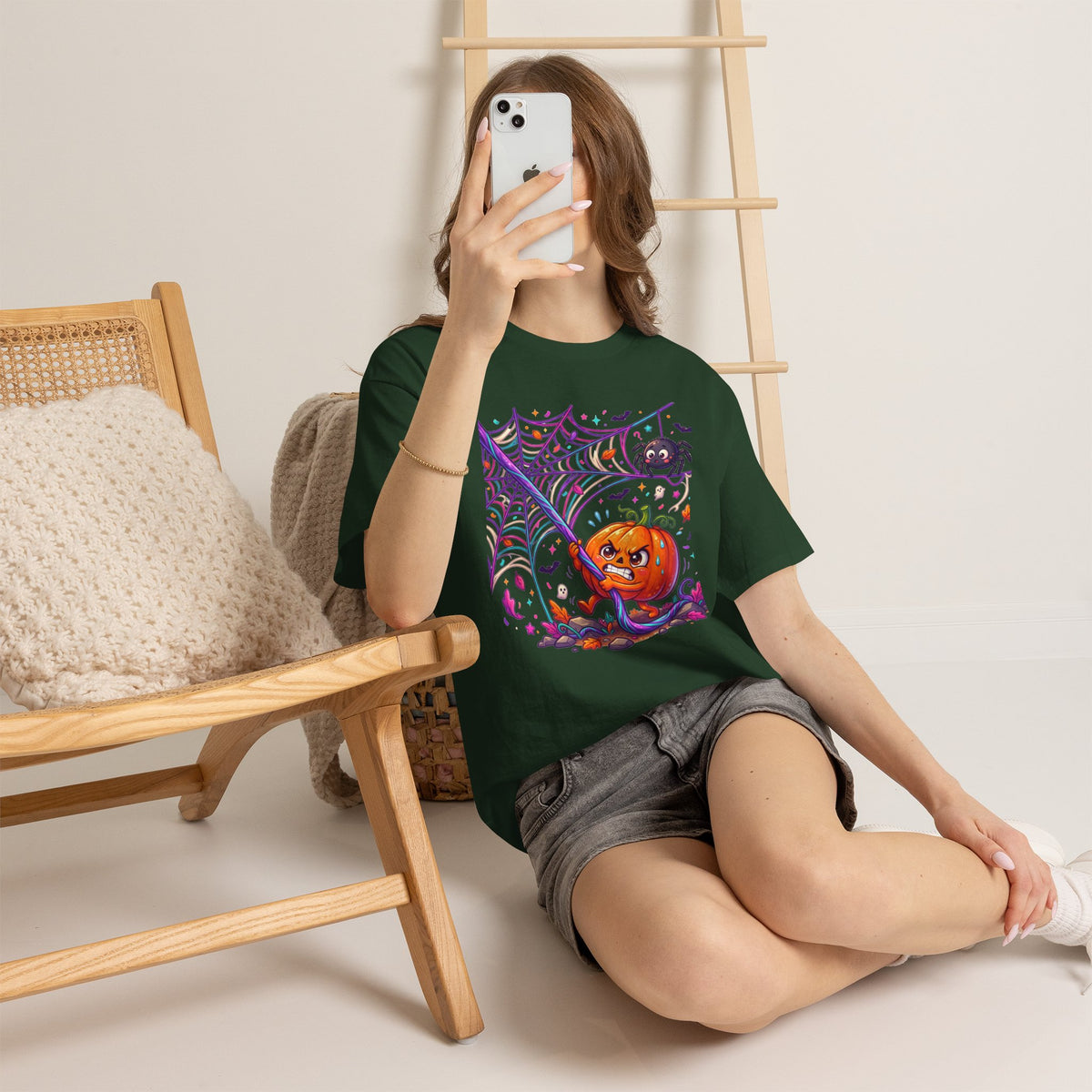 Pumpkin Spider Web Halloween T‑Shirt — Cute Spooky Pumpkin Cartoon Tee