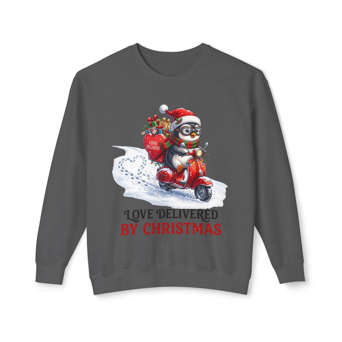 Christmas Penguin Scooter Sweatshirt — "Love Delivered by Christmas" Holiday Crewneck