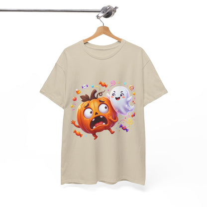 Cute Halloween Pumpkin & Ghost Tee — Scared Pumpkin Candy Graphic T-Shirt