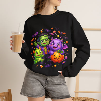 Halloween Monster Crewneck Sweatshirt — Cute Frankenstein, Vampire & Pumpkin Design