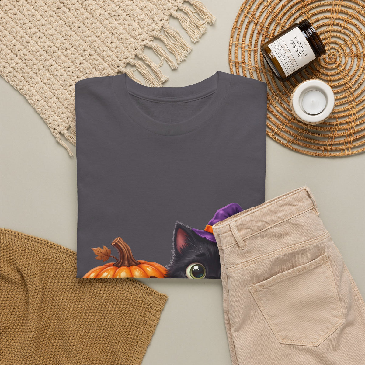 Halloween Black Cat & Pumpkin T‑Shirt — Cute Witch Hat Kitty Fall Tee