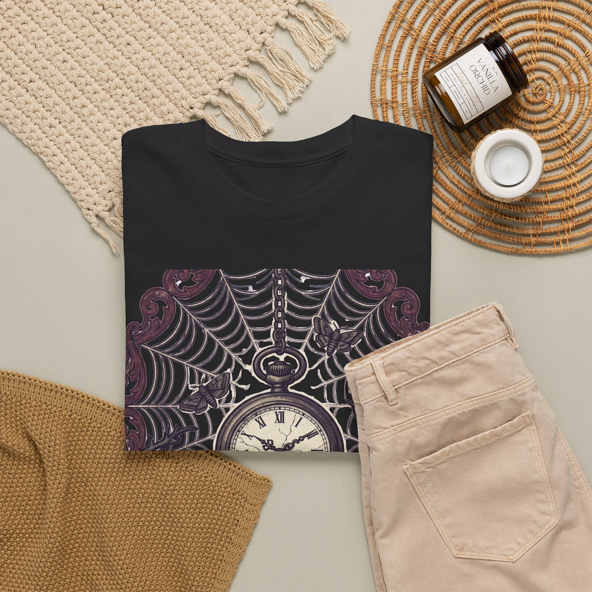 Caught in the Night Pocket Watch Tee — Gothic Spiderweb Vintage Clock T‑Shirt