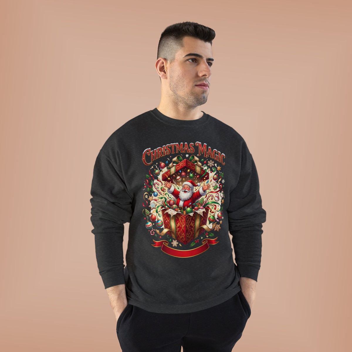 Christmas Magic Crewneck Sweatshirt — Santa Gift Box Holiday Pullover