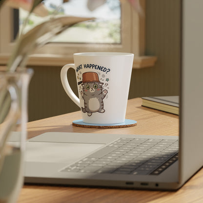 Latte Mug — Cute Cat 'What Happened?' Coffee Cup, 12oz