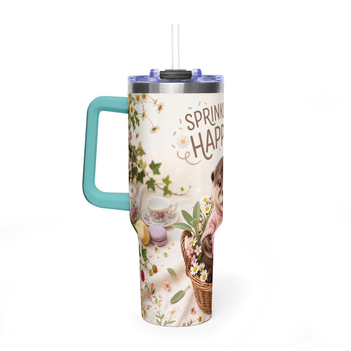 40oz Tumbler – “Sprinkled with Happiness” Puppy Floral Drink Cup