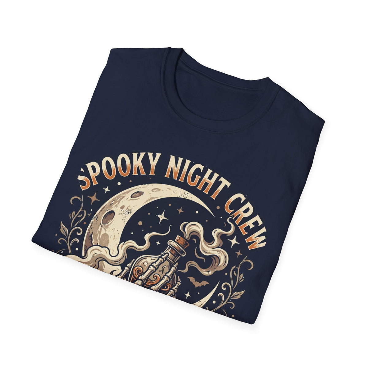 Spooky Night Crew T-Shirt — Vintage Halloween Moon & Skeleton Graphic