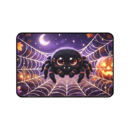 Cute Halloween Spider Desk Mat — Kawaii Spider on Pumpkin & Web Mousepad