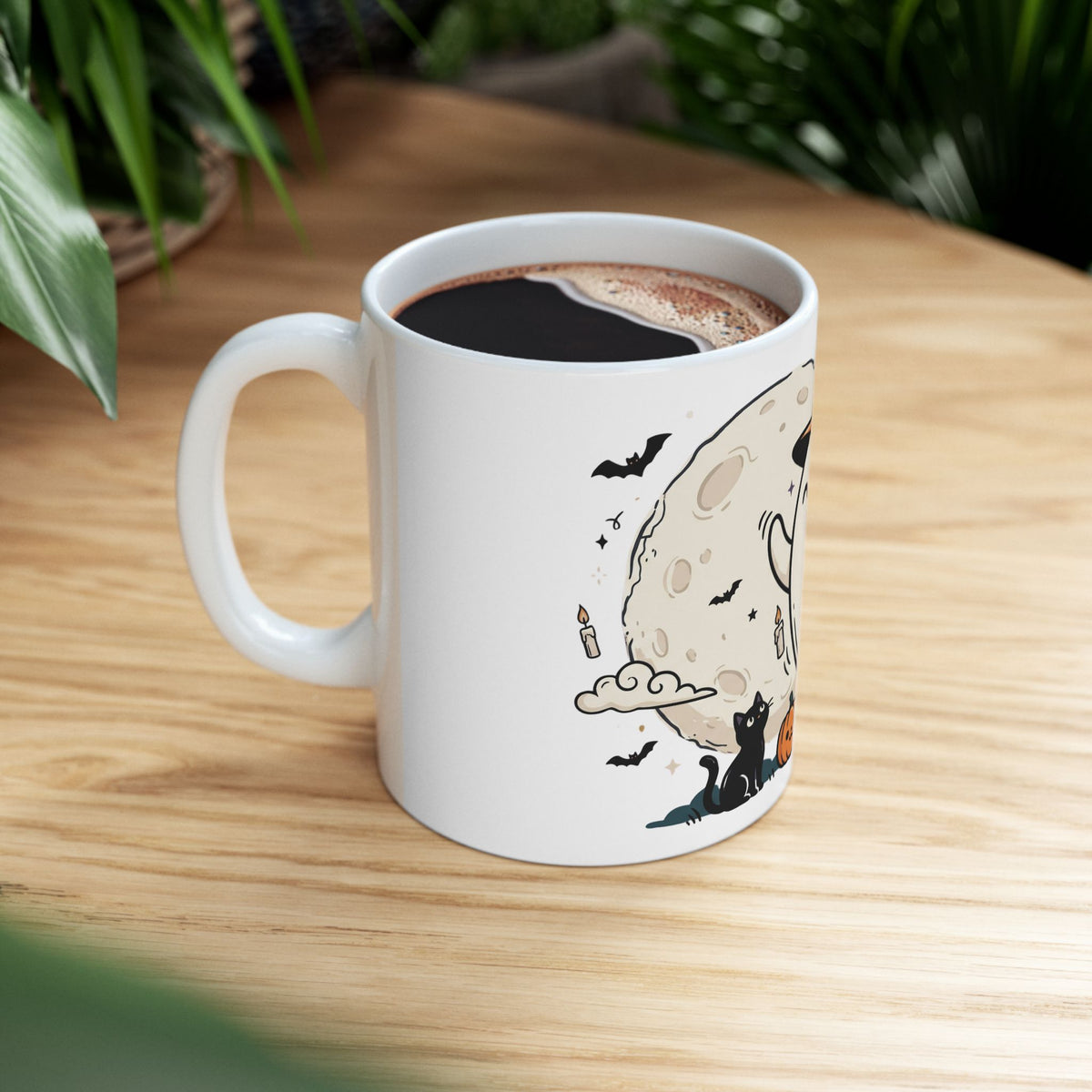 Halloween Ghost Ceramic Mug — Cute Ghost with Witch Hat, Pumpkins & Cats (11oz/15oz)