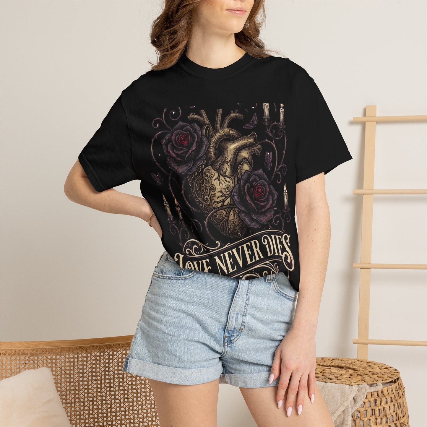 Love Never Dies Heart T-Shirt — Gothic Rose "Forever After Dark" Tee