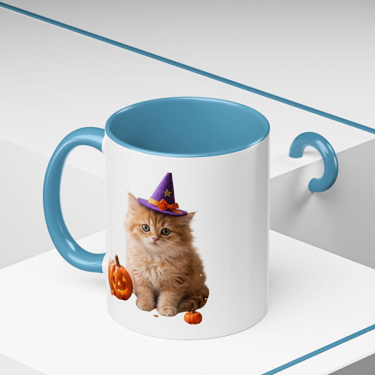 Halloween Cat Coffee Mug with Witch Hat and Pumpkin
