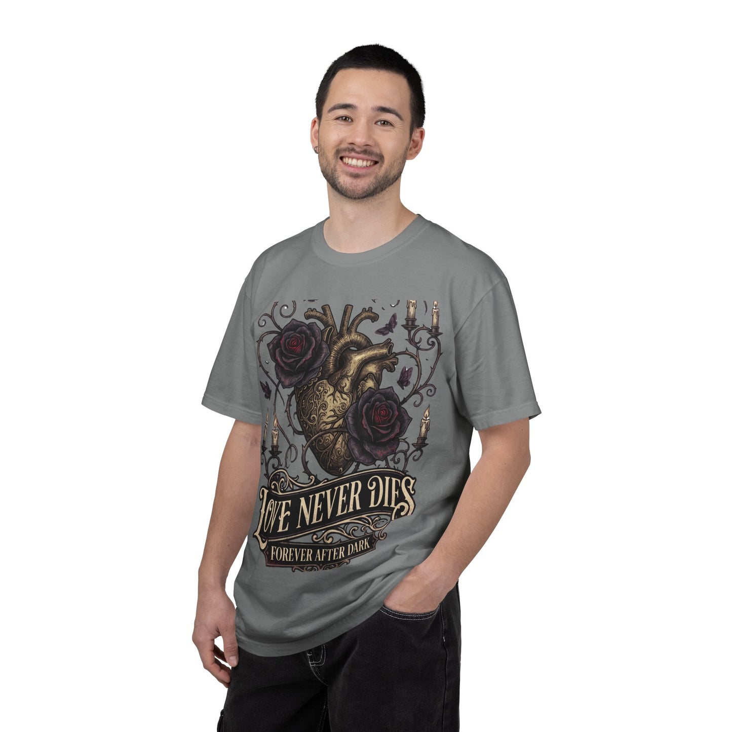Love Never Dies Heart T-Shirt — Gothic Rose "Forever After Dark" Tee