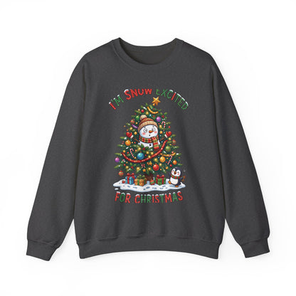Christmas Sweatshirt – "I’m Snow Excited for Christmas" Cute Snowman Tree Holiday Crewneck