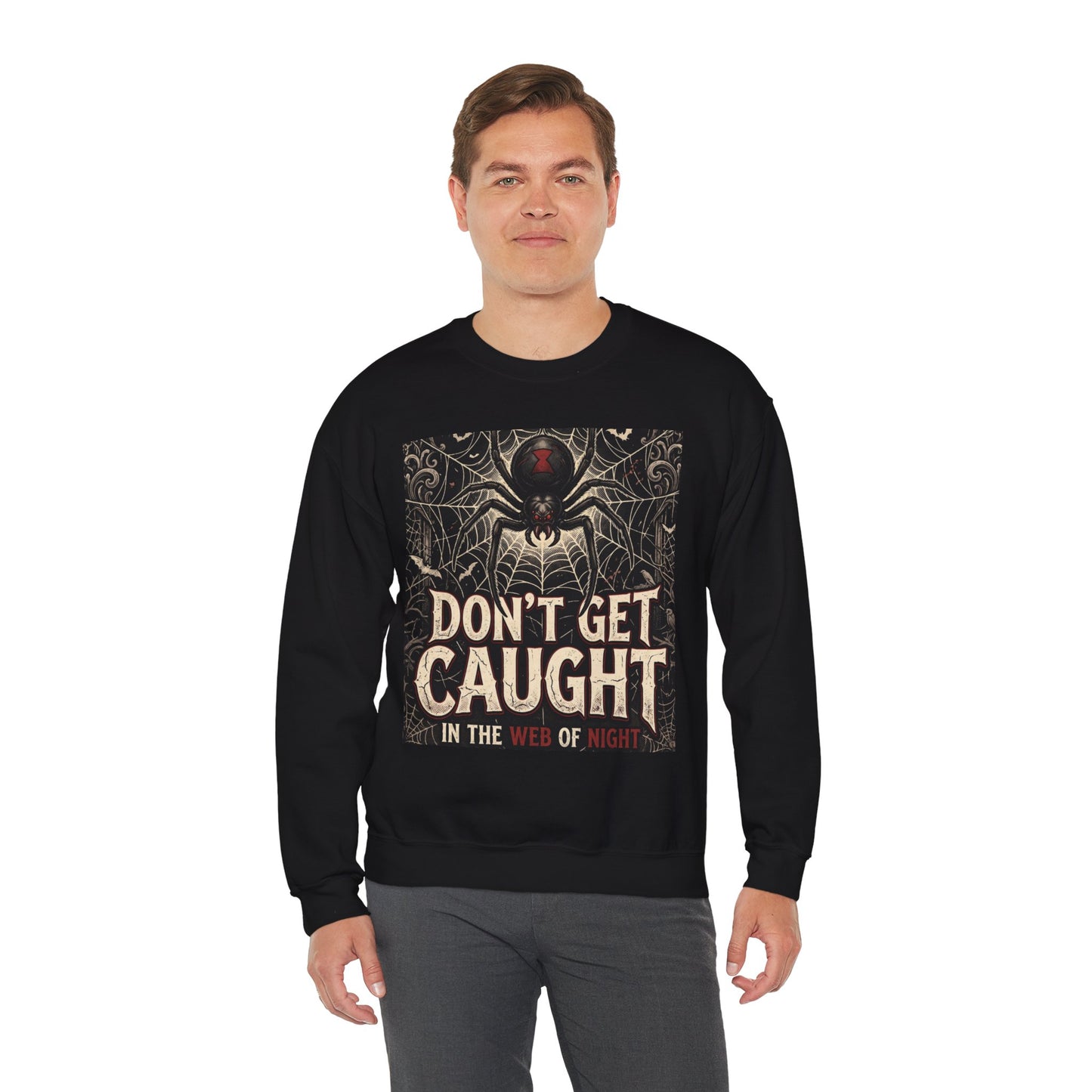 Spider Web Sweatshirt - "Don't Get Caught in the Web of Night" Graphic Crewneck