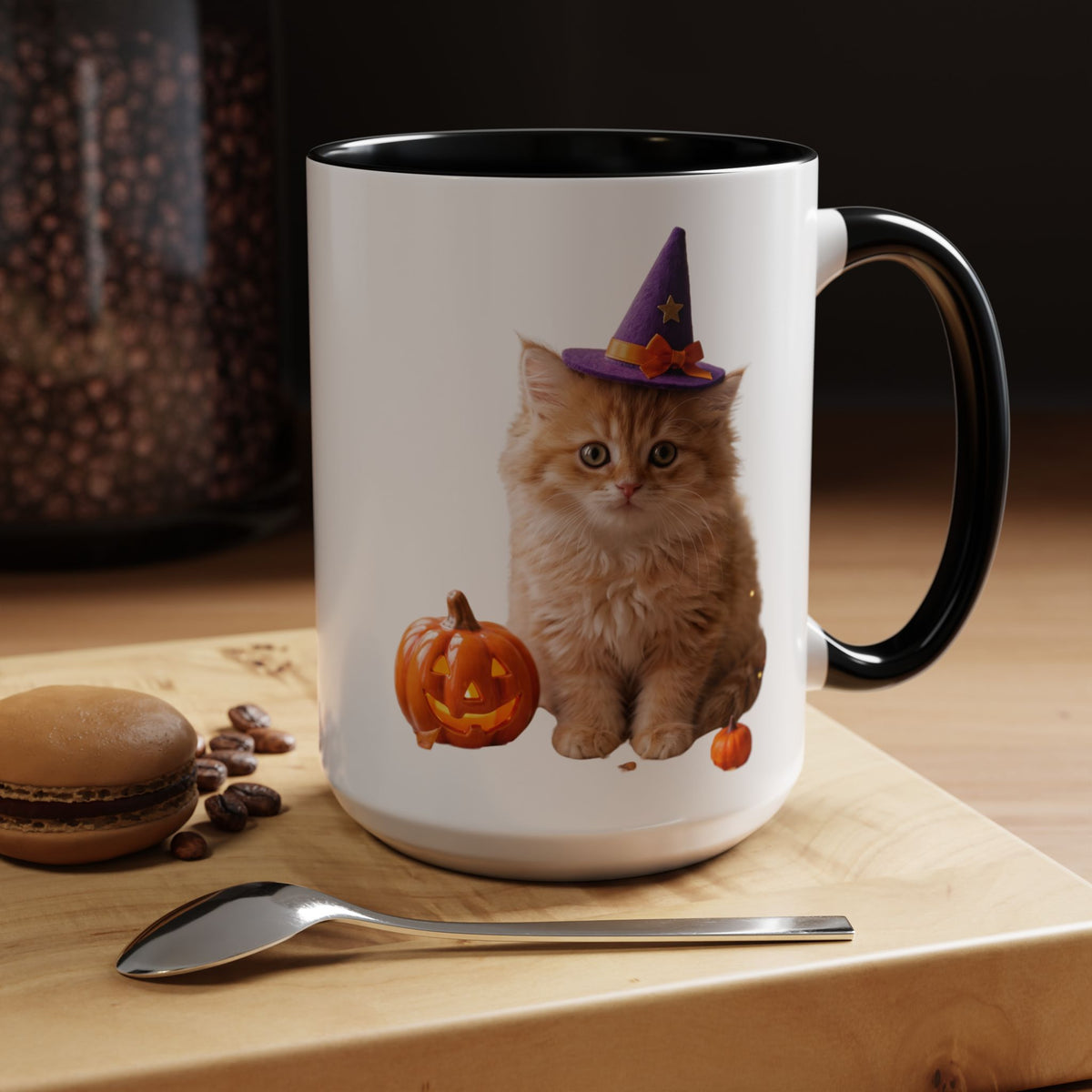 Halloween Cat Coffee Mug with Witch Hat and Pumpkin