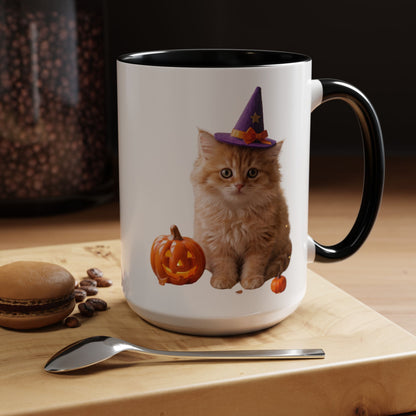 Halloween Cat Coffee Mug with Witch Hat and Pumpkin