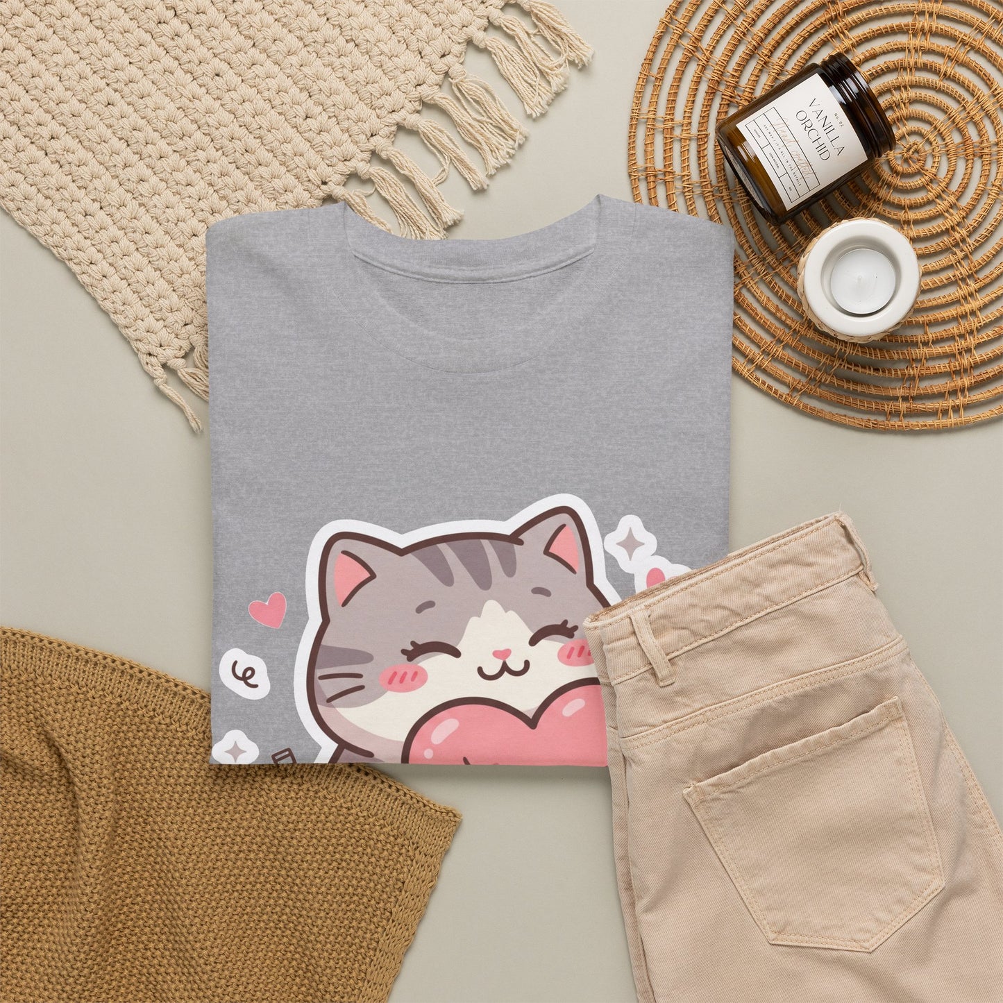 Cute Cat Hugging Heart T-Shirt — Kawaii Valentine Kitty Tee