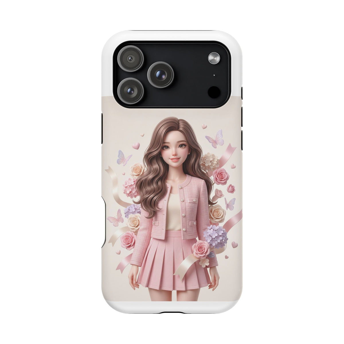 Cute Pink Doll Phone Case — Floral Butterfly Magnetic Impact-Resistant Case