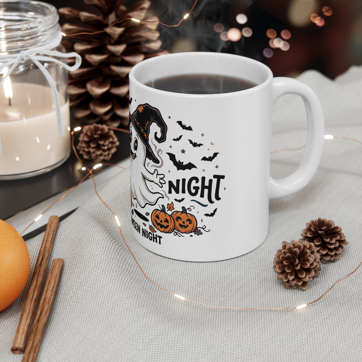 Halloween Night Ghost Mug — Cute Haunted Pumpkin Coffee Cup (11 oz)