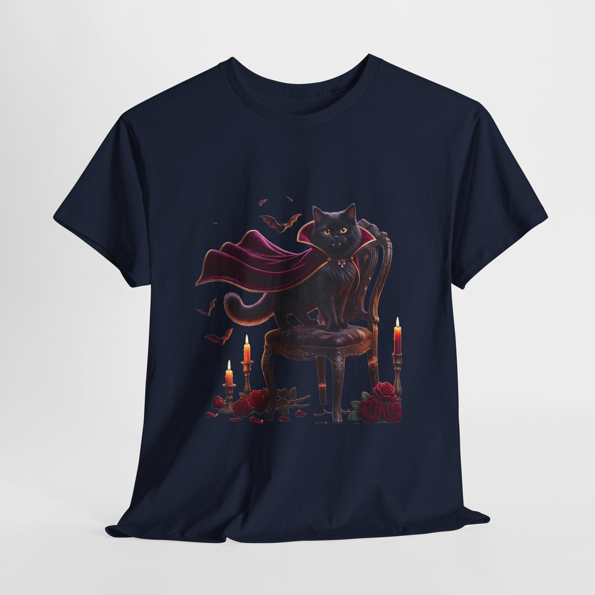 Vampire Cat Tee — Gothic Black Cat with Cape & Candles T-Shirt