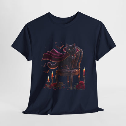 Vampire Cat Tee — Gothic Black Cat with Cape & Candles T-Shirt