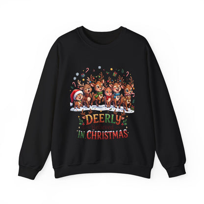 Christmas Reindeer Crewneck Sweatshirt — "Deerly Believed in Christmas" Holiday Pullover