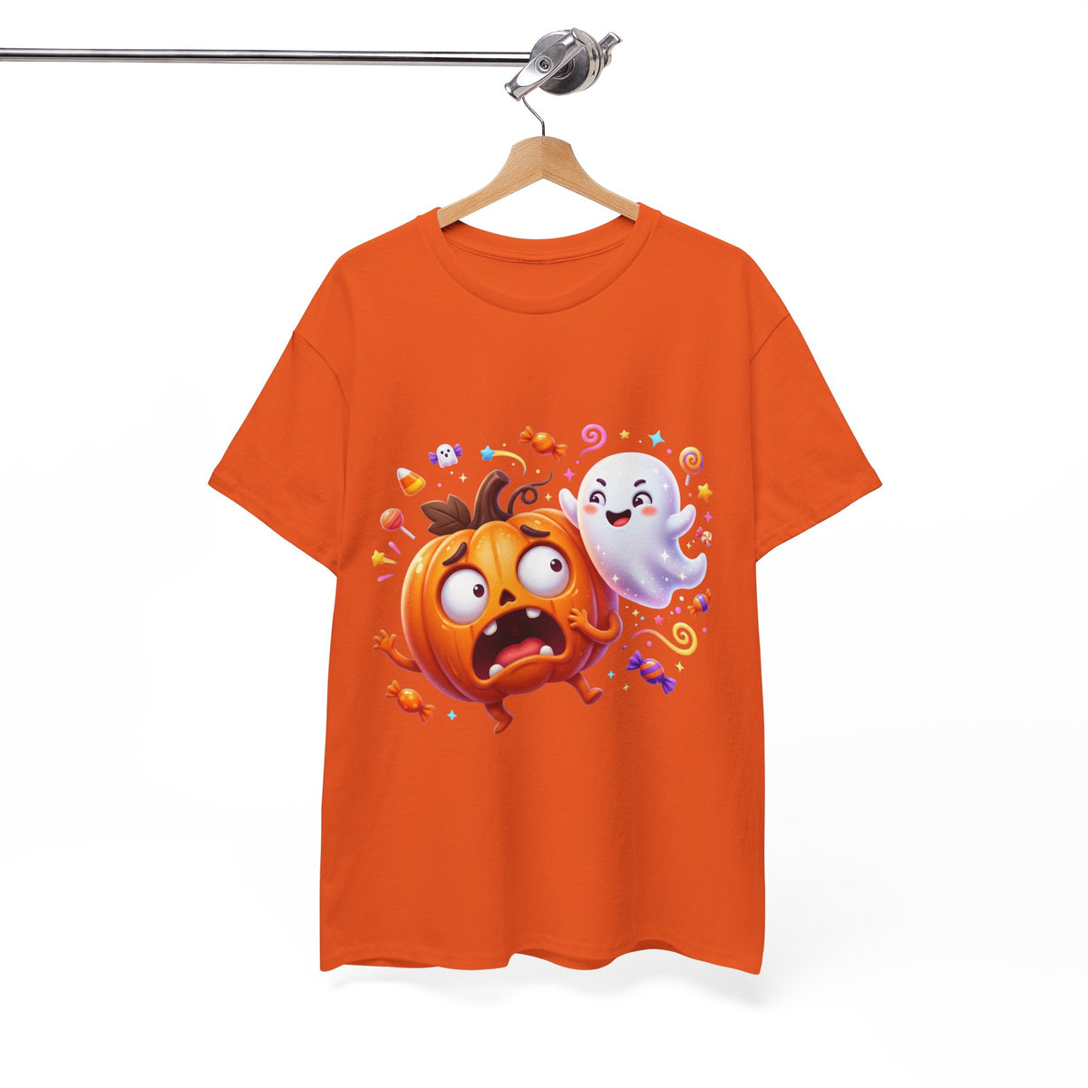 Cute Halloween Pumpkin & Ghost Tee — Scared Pumpkin Candy Graphic T-Shirt
