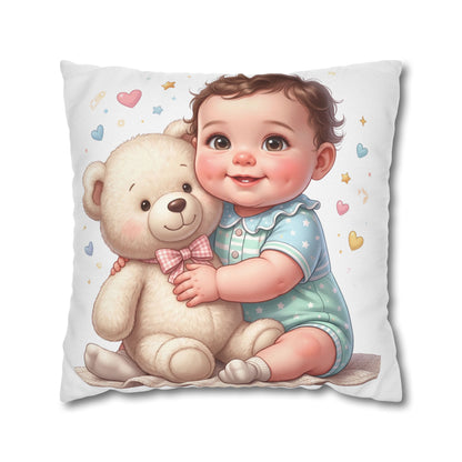 Baby & Teddy Square Pillowcase - Cute Infant Nursery Decorative Throw Pillow