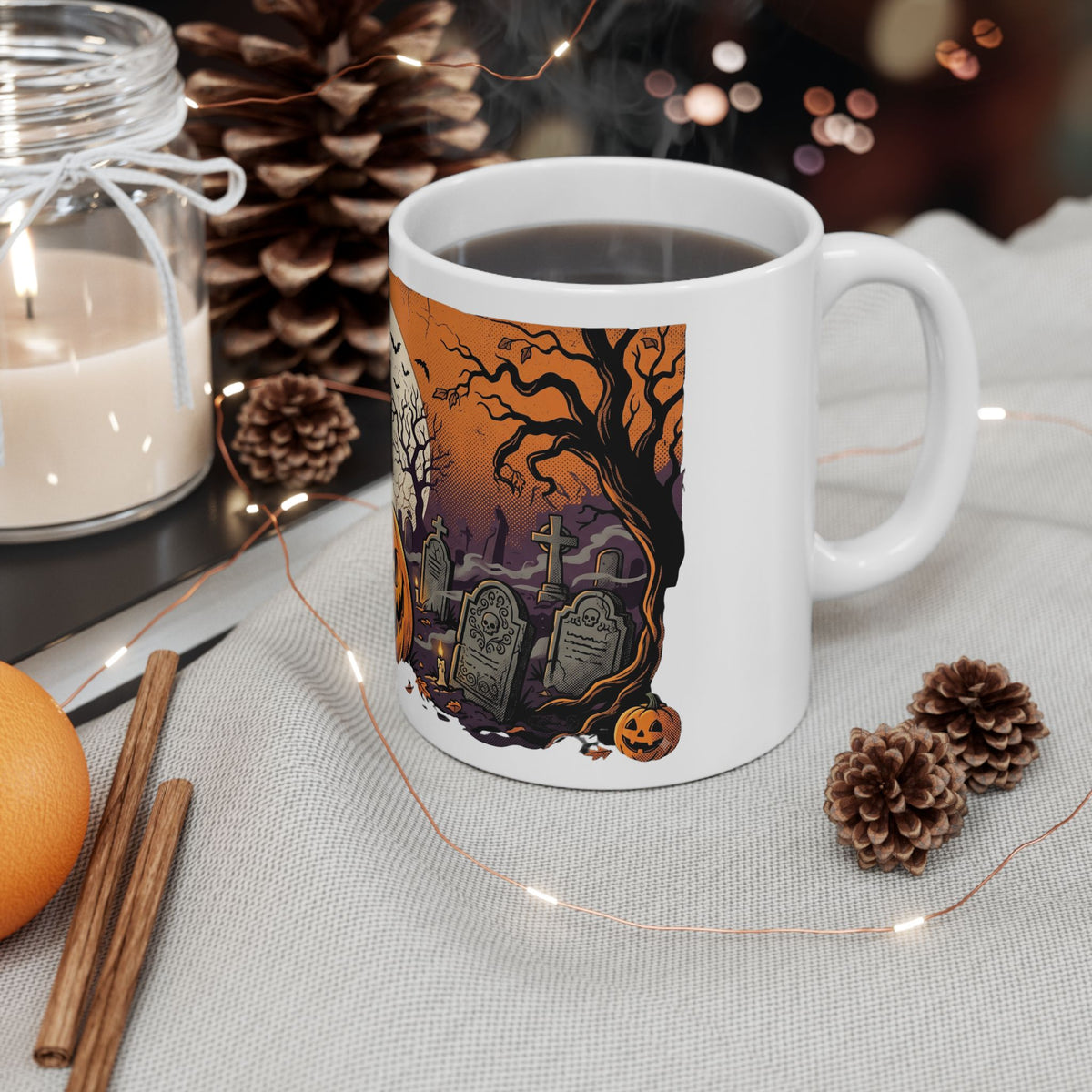 Halloween Pumpkin Mug — Spooky Graveyard Jack-o'-Lantern Ceramic Coffee Cup (11oz/15oz)