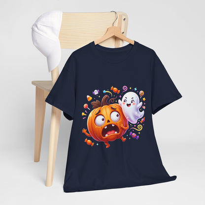 Cute Halloween Pumpkin & Ghost Tee — Scared Pumpkin Candy Graphic T-Shirt