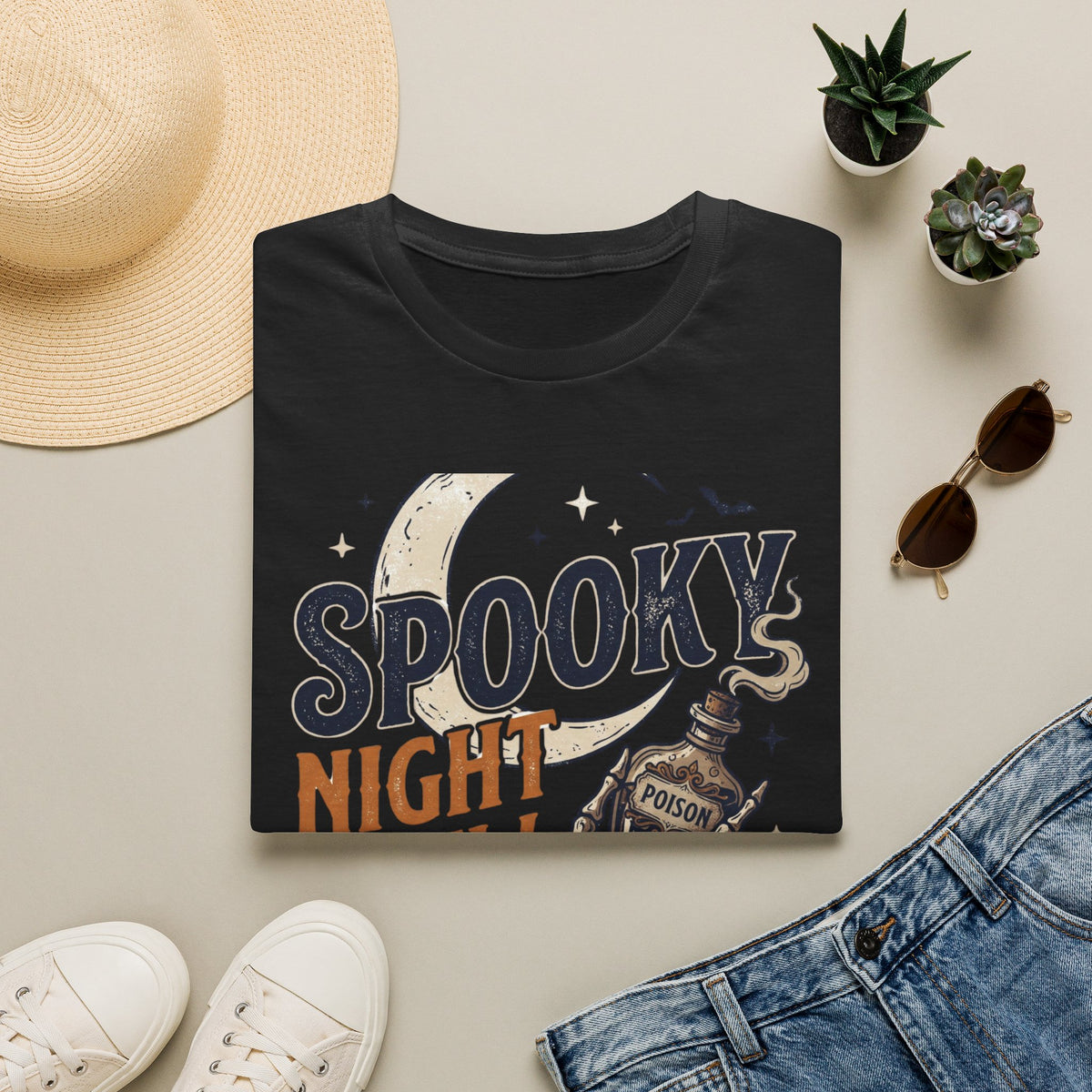 Spooky Night Crew T-Shirt — Halloween Moon, Skeleton & Pumpkins Tee