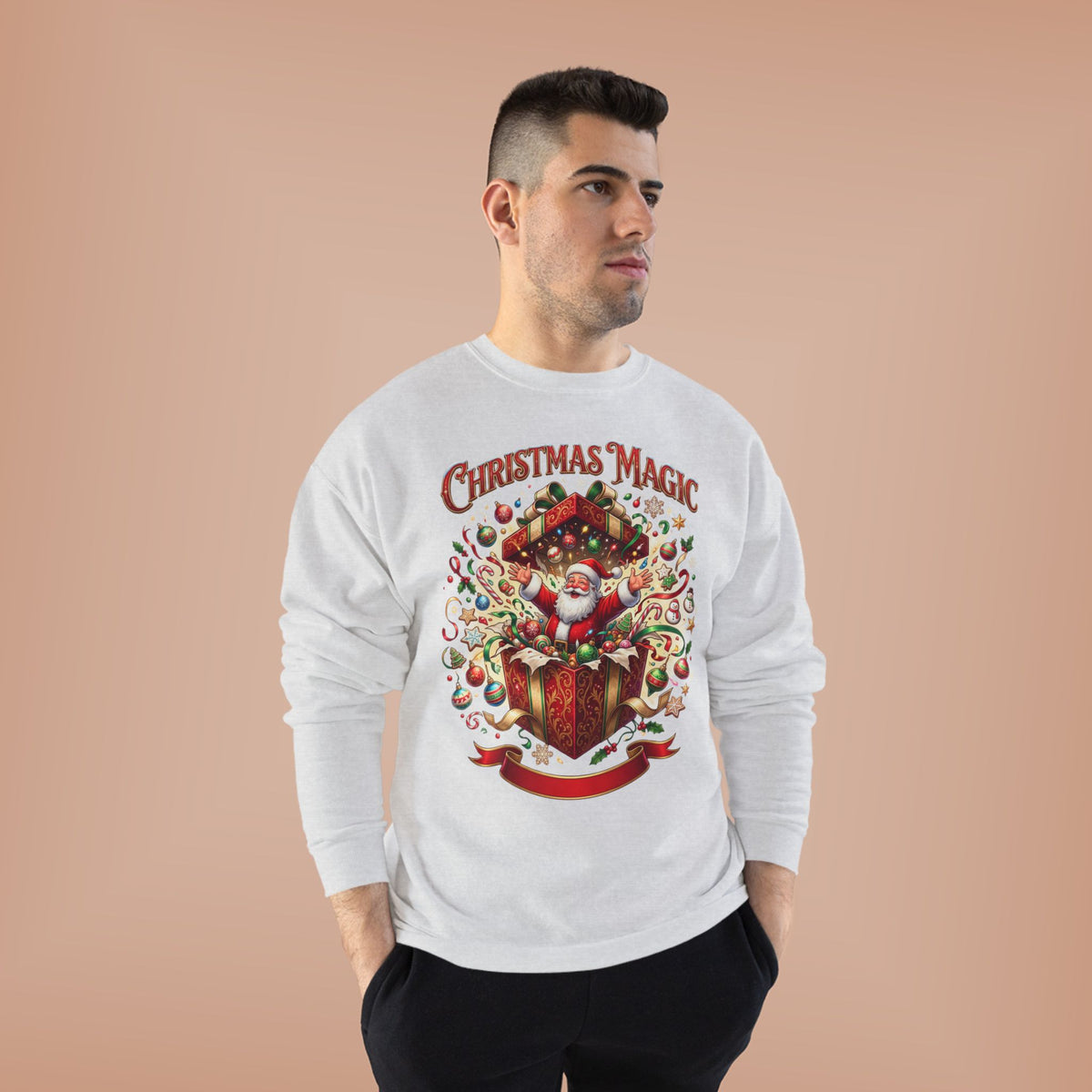 Christmas Magic Crewneck Sweatshirt — Santa Gift Box Holiday Pullover