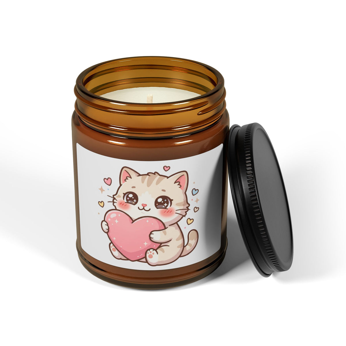 Cute Kitten Heart Soy Candle — Amber Jar Scented Candle (Valentine’s Gift)
