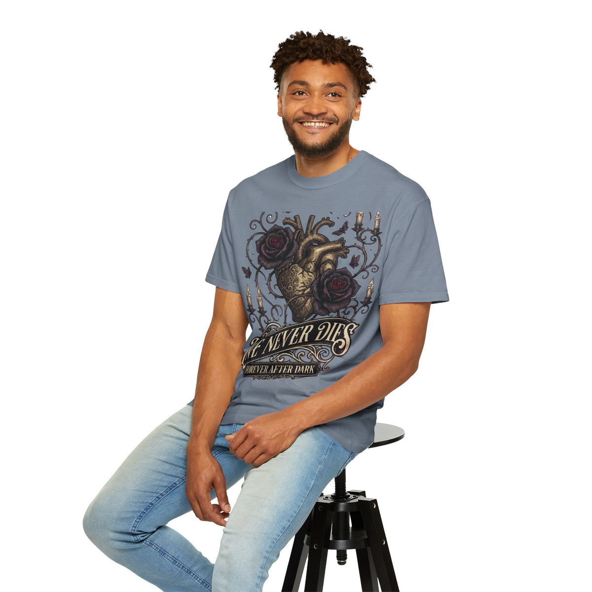 Love Never Dies Heart T-Shirt — Gothic Rose "Forever After Dark" Tee