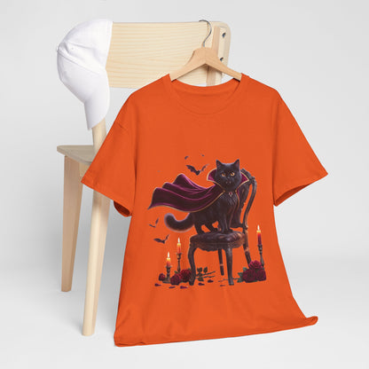 Vampire Cat Tee — Gothic Black Cat with Cape & Candles T-Shirt