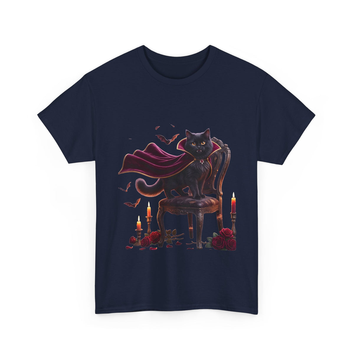 Vampire Cat Tee — Gothic Black Cat with Cape & Candles T-Shirt